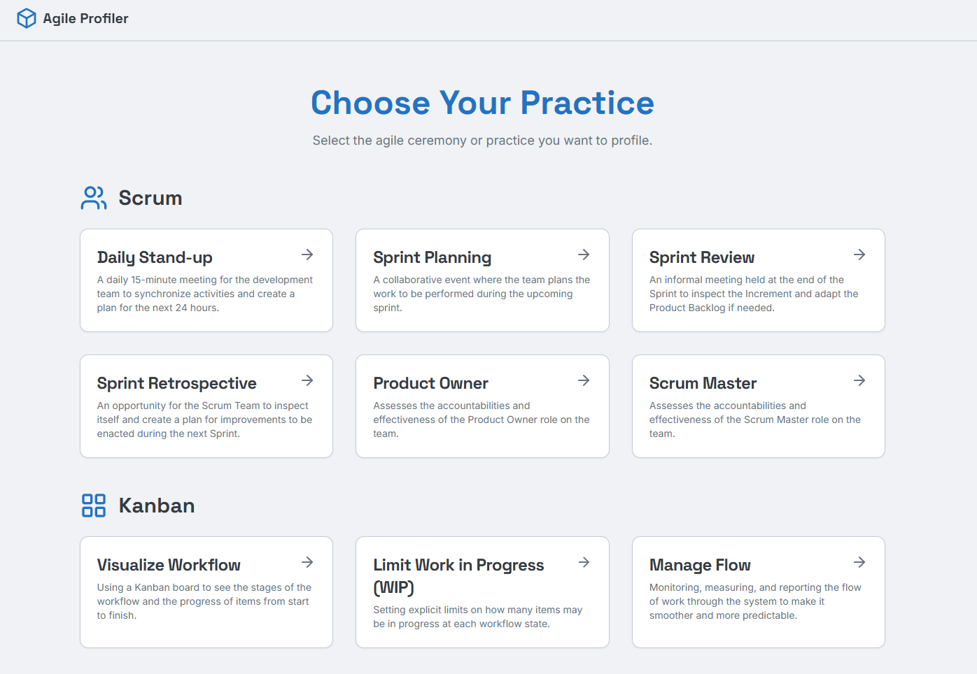 A user interface displaying various Agile practices such as Scrum and Kanban with descriptions for each practice, allowing users to select one to profile.