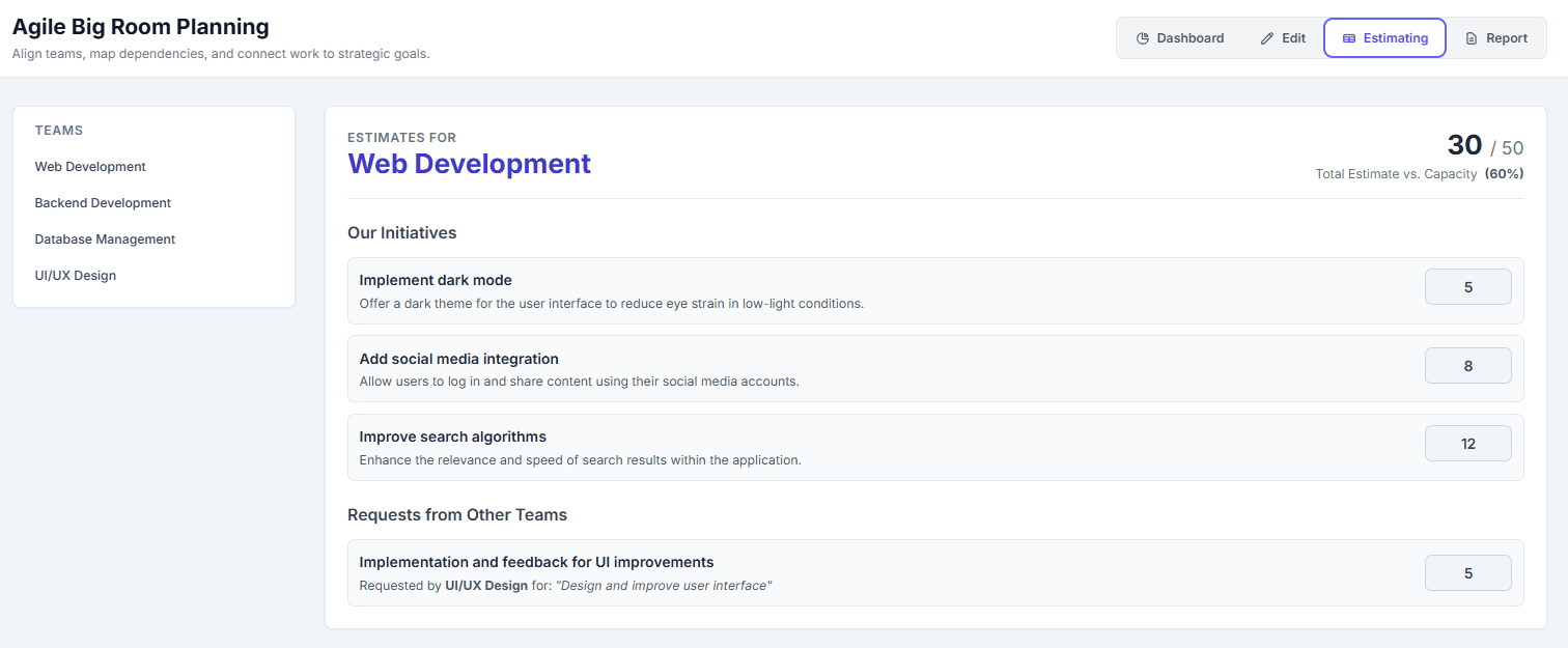 Screenshot of an Agile Big Room Planning tool interface showing team estimates for Web Development, including initiatives like 'Implement dark mode,' 'Add social media integration,' and 'Improve search algorithms,' along with requests from other teams.