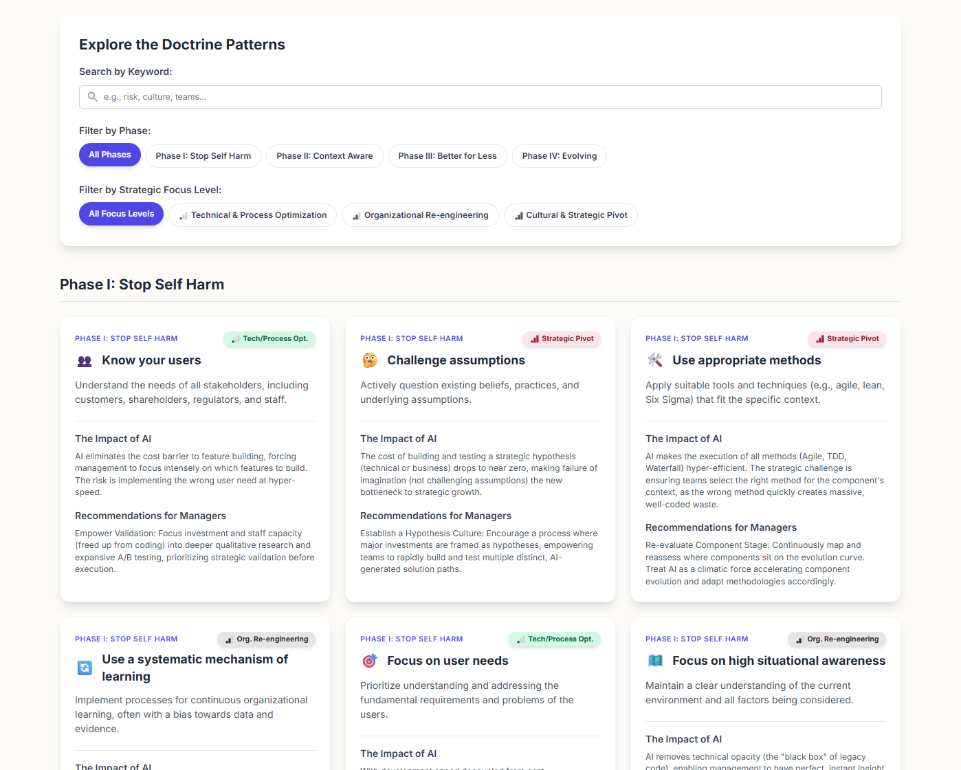 A user interface showcasing various doctrine patterns related to organizational learning and improvement strategies, with sections for 'Know your users', 'Challenge assumptions', 'Use appropriate methods', and 'Focus on user needs'. Each section contains summaries and recommendations for managers.