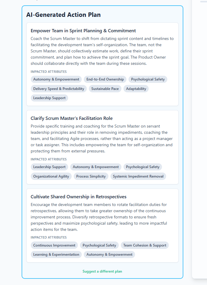 A digital application interface displaying an AI-generated action plan for Agile teams, outlining steps to empower team members, clarify roles, and cultivate shared ownership.